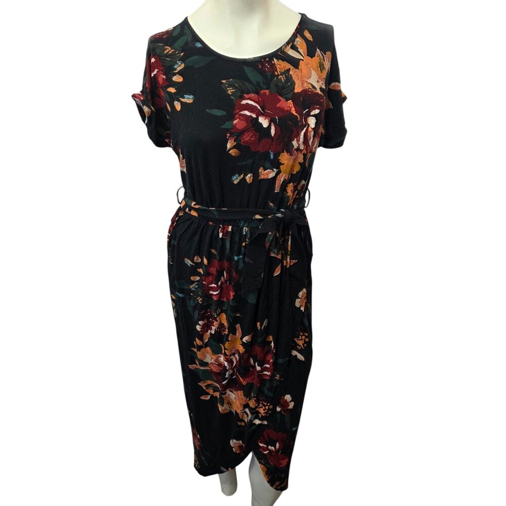 Grecerelle‎ Floral Midi Dress Medium Black Belted Stretch Casual Boho Fall